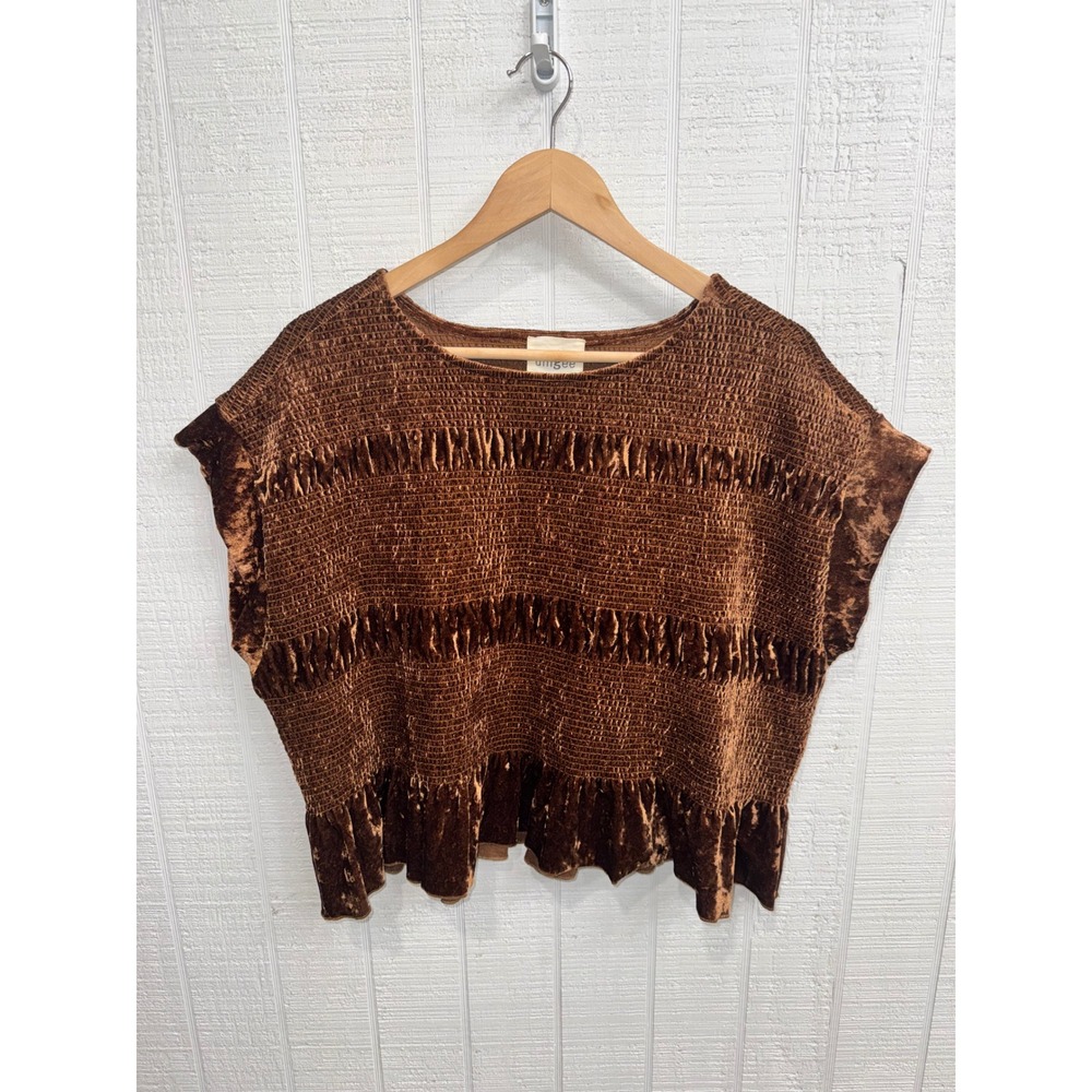 Umgee Velvet Smocked Top Women Brown Copper Ruffle Hem Boho NWT Small